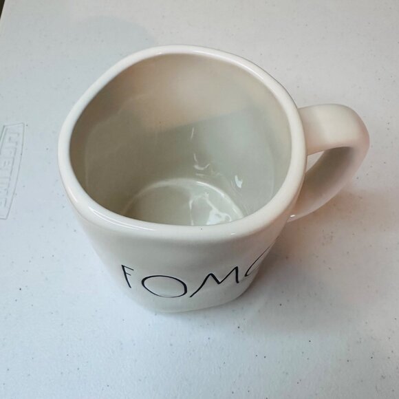 Rae Dunn "FOMO" Ceramic Coffee Mug White Black Text Elongated letters mug - Picture 2 of 8